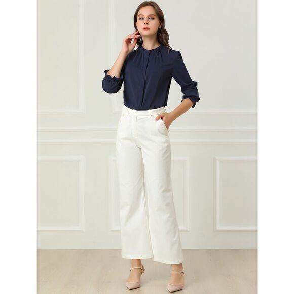 Workwear Blouse Button Up Ruffle Collar Long Sleeve Chiffon Shirt Navy Blue - Picture 2 of 6